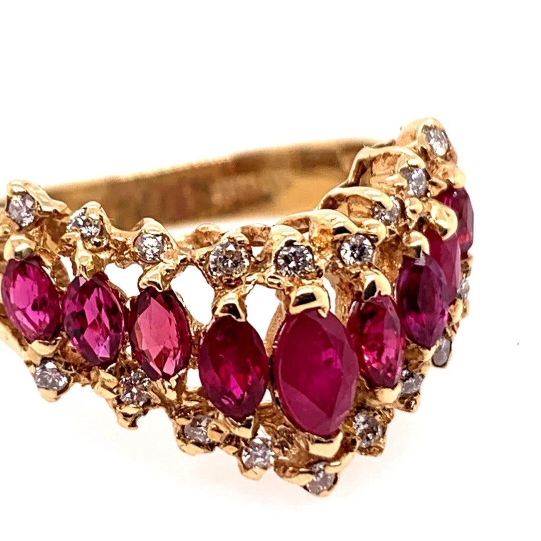 Retro Gold 1.15 Carat Natural Marquise Ruby & Diamond Cocktail Ring Circa 1960