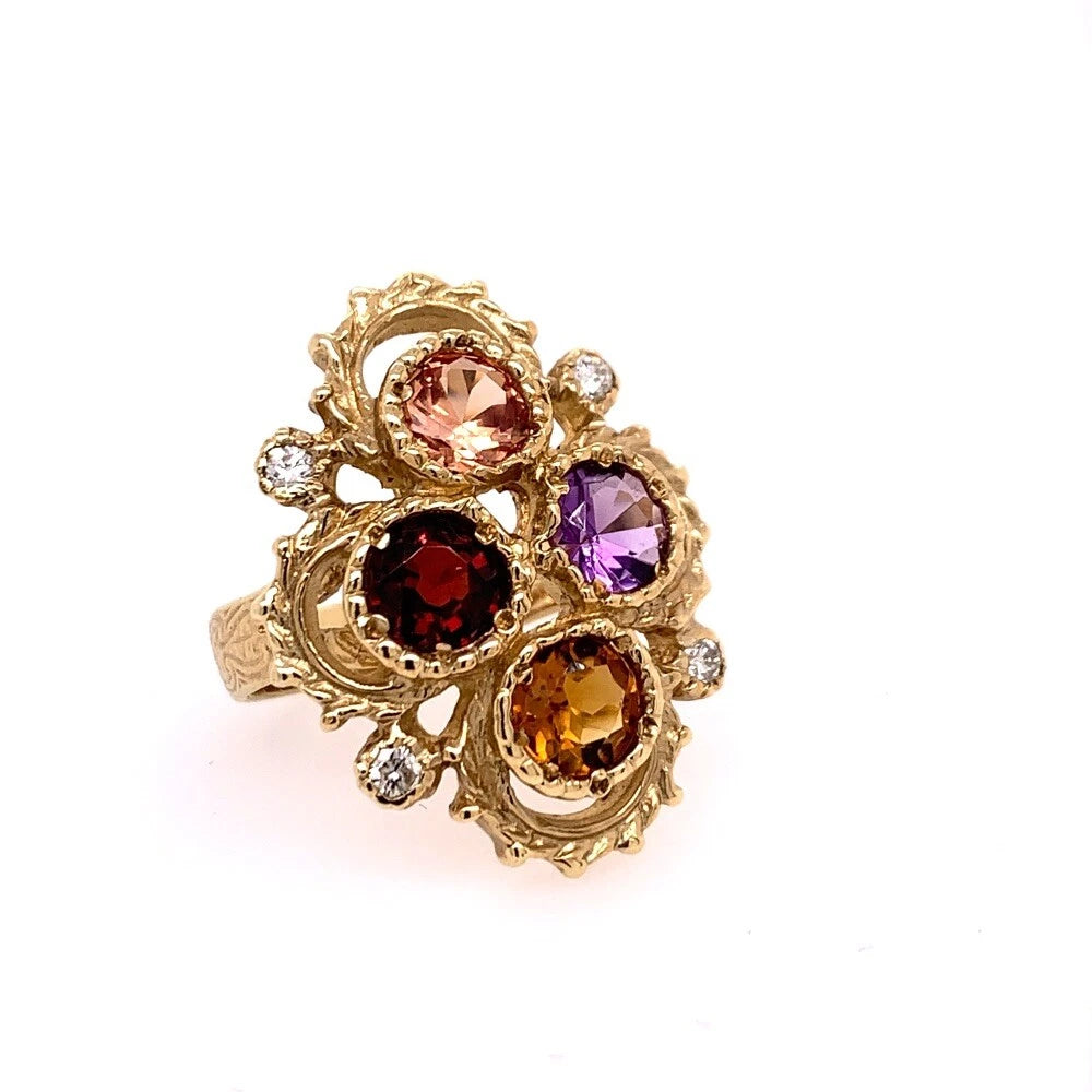 Gold 3.25 Carat Natural Diamond Multi Color Gemstone Cocktail Ring Circa 1980