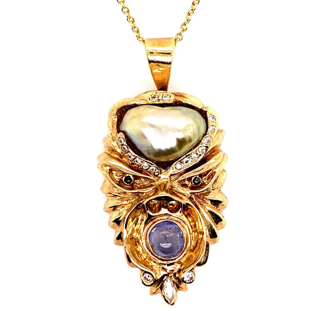 Retro Gold Warrior Head Natural Pearl, .30 Carat Diamond & Sapphire Pendant 1950