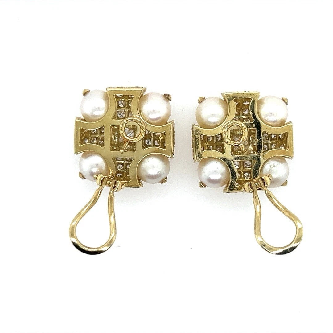 Retro Gold 3 Carat Natural Colorless Diamond and Akoya Pearl Earrings Circa 1980
