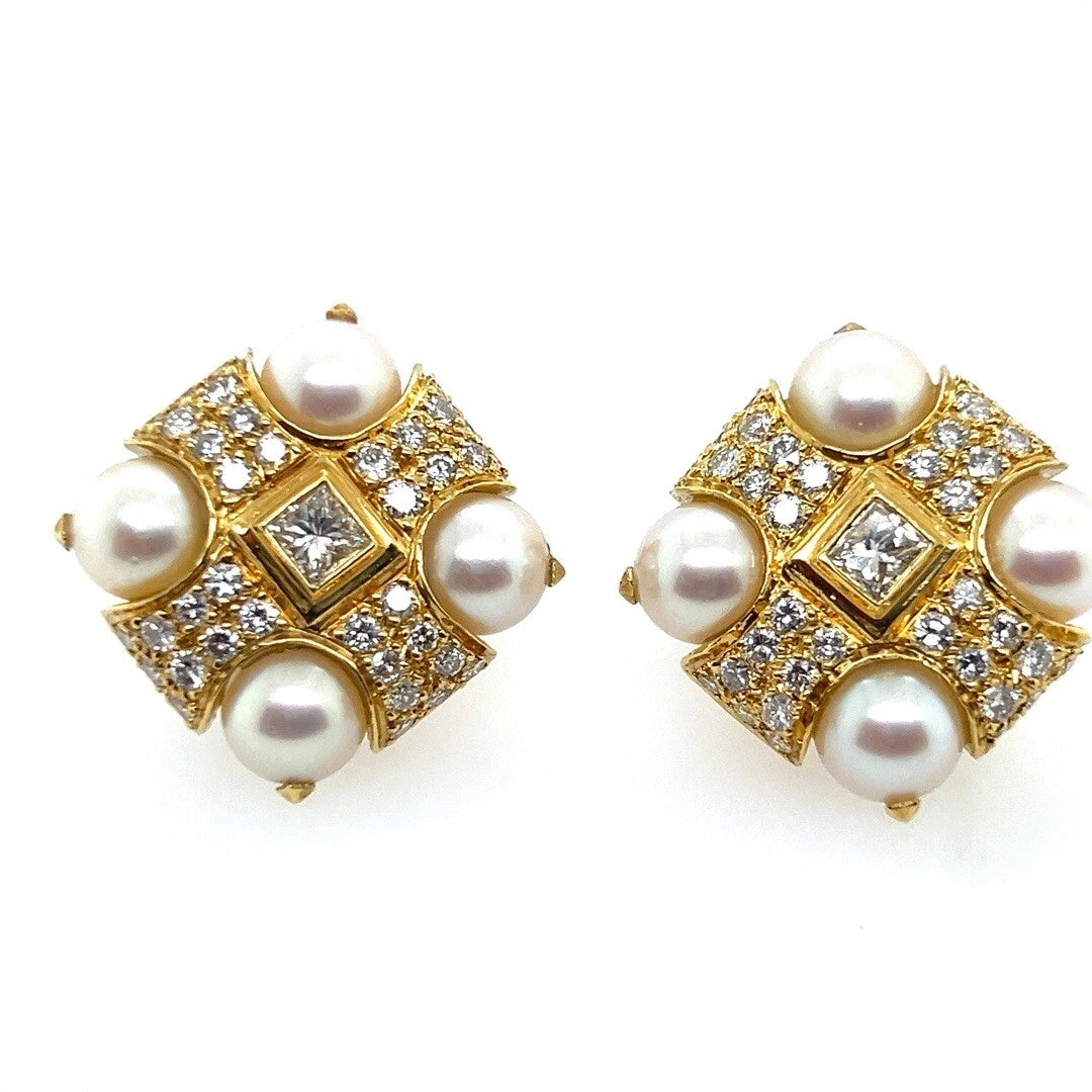 Retro Gold 3 Carat Natural Colorless Diamond and Akoya Pearl Earrings Circa 1980