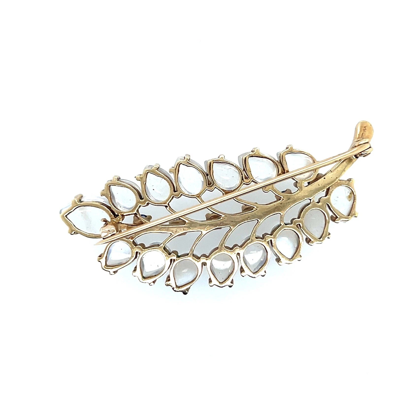 Retro Gold Sapphire and Rare Blue Cabochon Moonstone Leaf Shaped Pin Brooch 1970