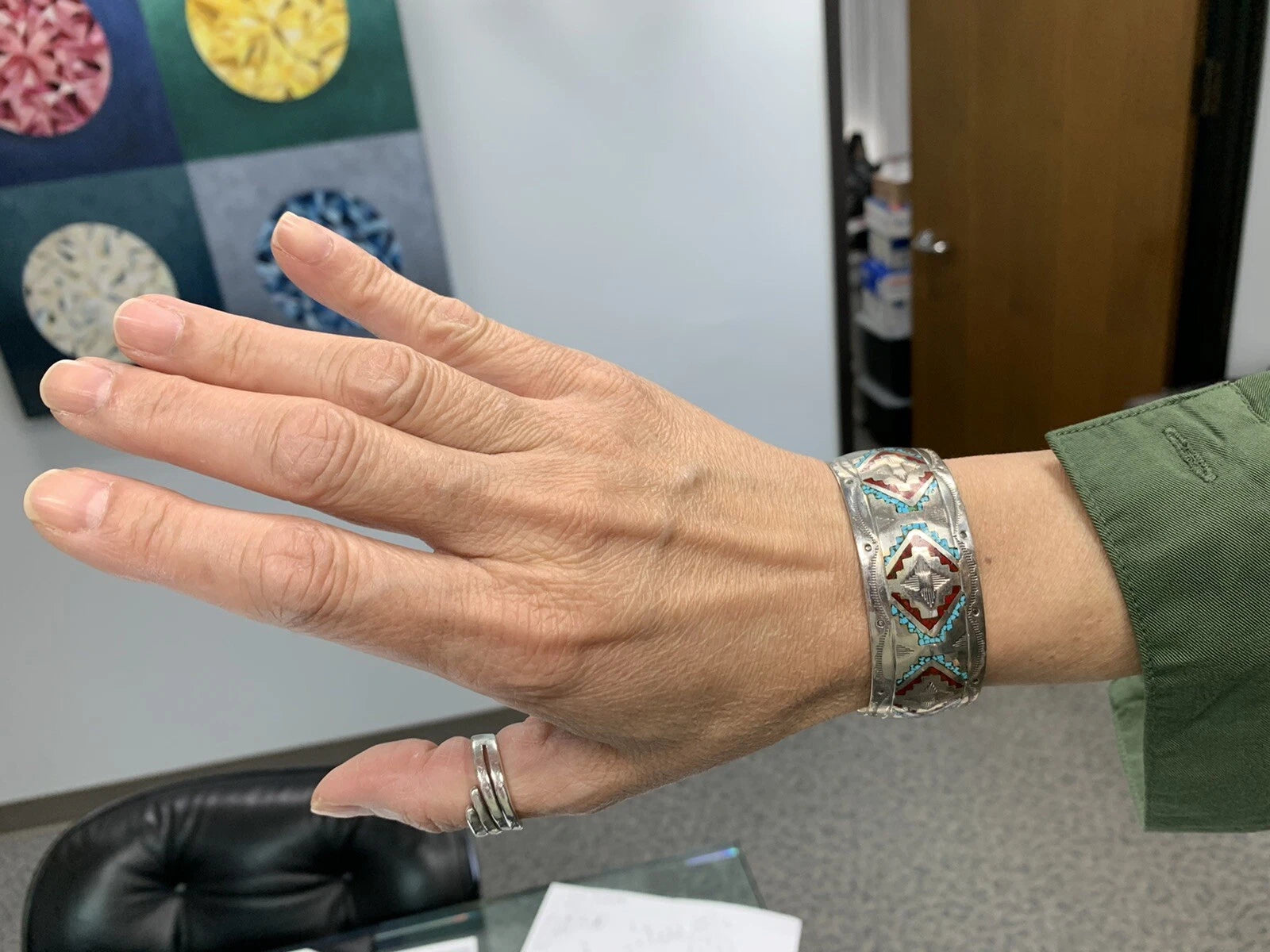 Vintage Native HB Henry Baca Sterling Silver 925 Cuff 6” Inner 42g Turquoise Gem