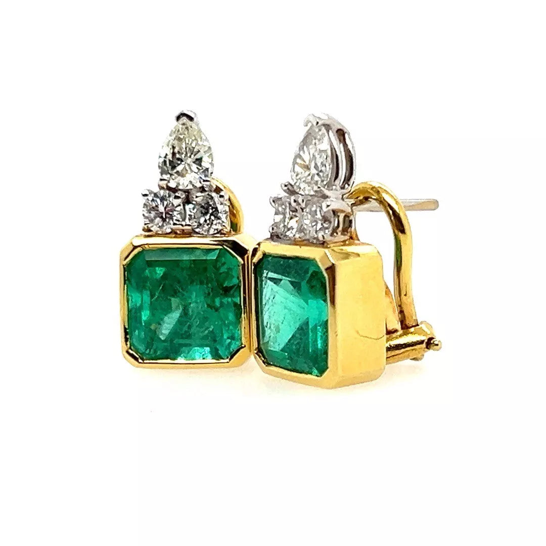 Retro Gold 7.25 Carats GIA Certified Natural Colombian Emerald Diamond Earrings