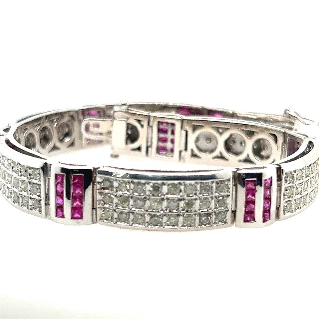 Modern 14k White Gold 10 Carat Natural Diamond and Ruby 8.5 Inch Long Bracelet