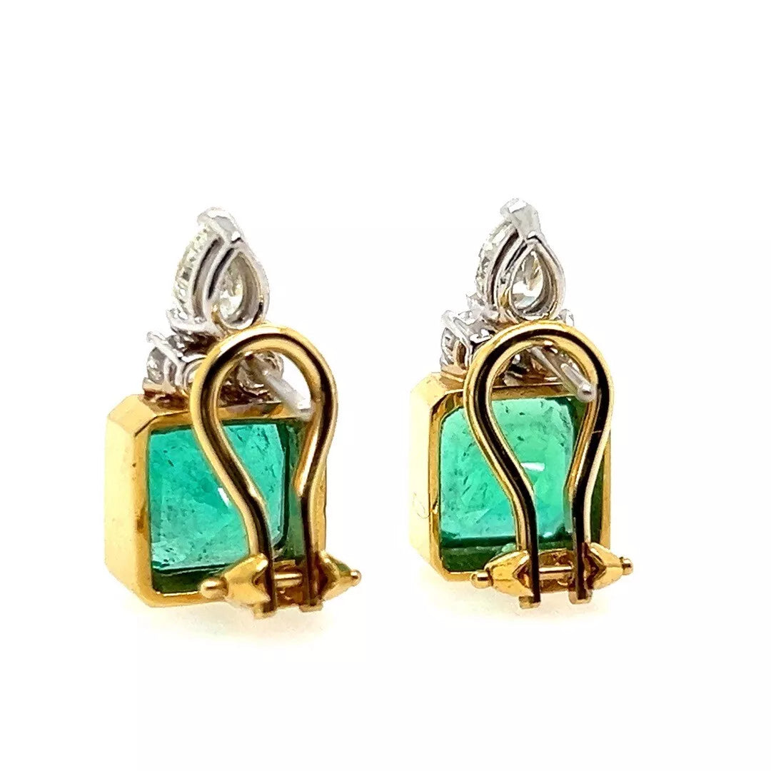Retro Gold 7.25 Carats GIA Certified Natural Colombian Emerald Diamond Earrings