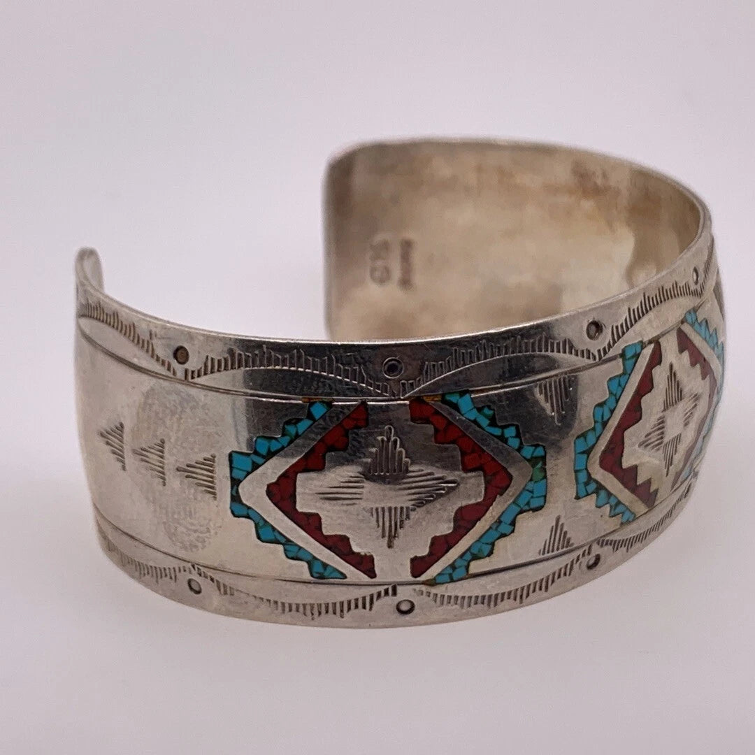 Vintage Native HB Henry Baca Sterling Silver 925 Cuff 6” Inner 42g Turquoise Gem