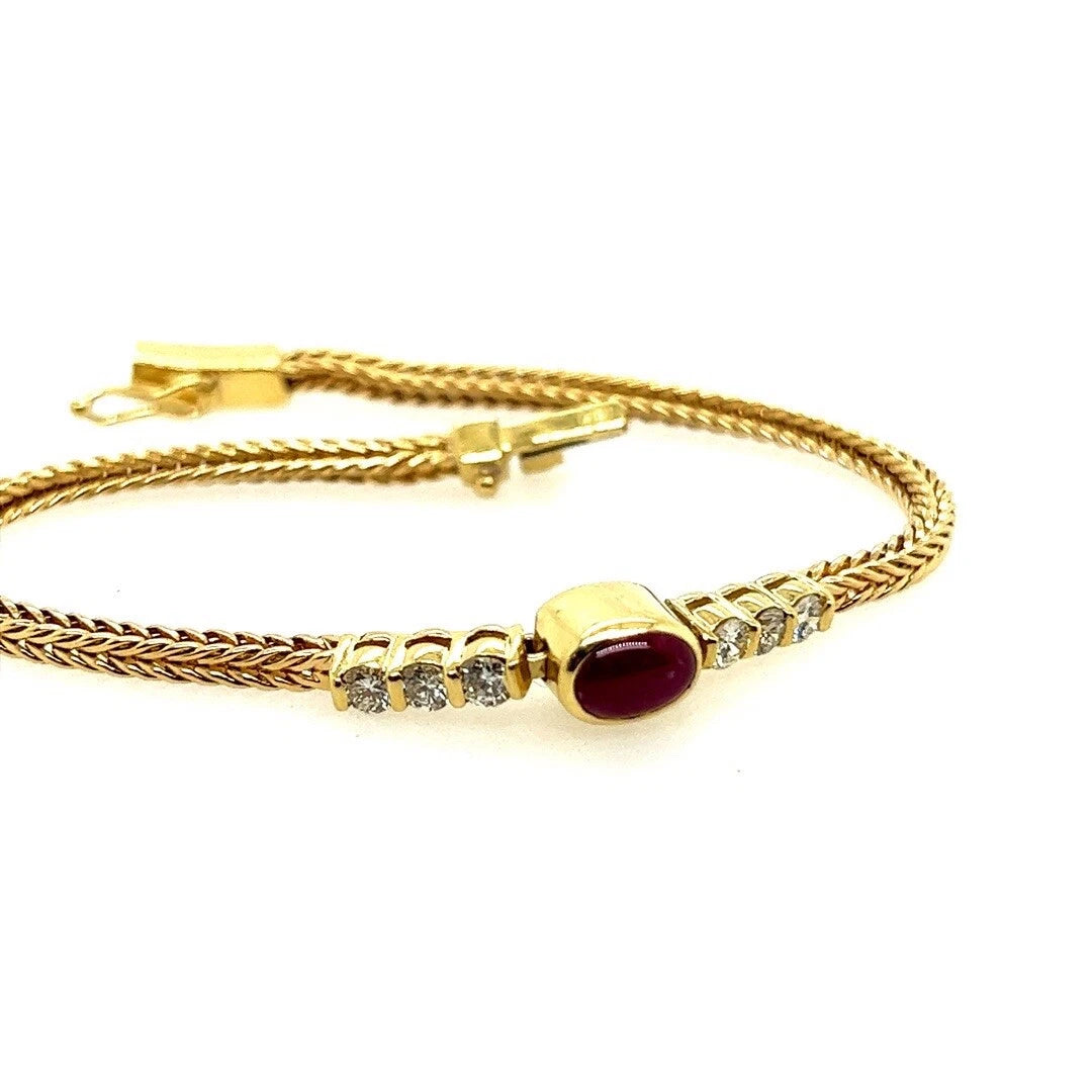 Retro Gold 1 Carat Natural Diamond and Red Ruby Cabochon Bracelet Circa 1970
