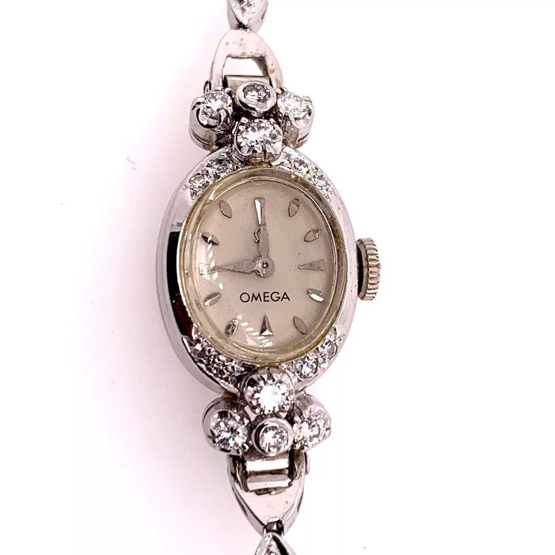 Ladies White Gold Omega 1.25 Carat Natural Diamond Manual Cocktail Vintage Watch