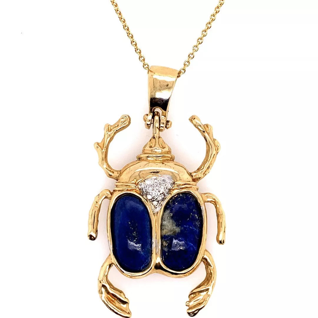 Retro Gold Beetle Pendant Natural Lapis Lazuli & 0.25 Carat Diamond Circa 1950