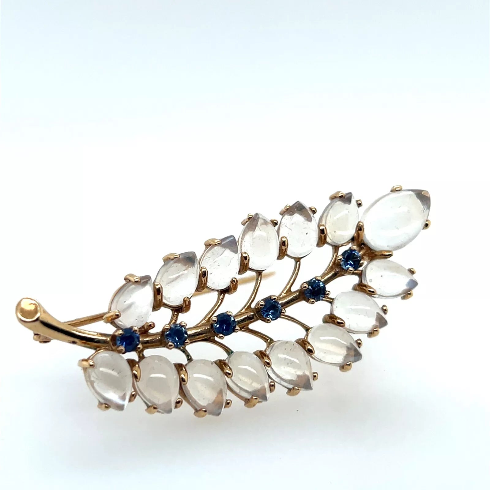 Retro Gold Sapphire and Rare Blue Cabochon Moonstone Leaf Shaped Pin Brooch 1970