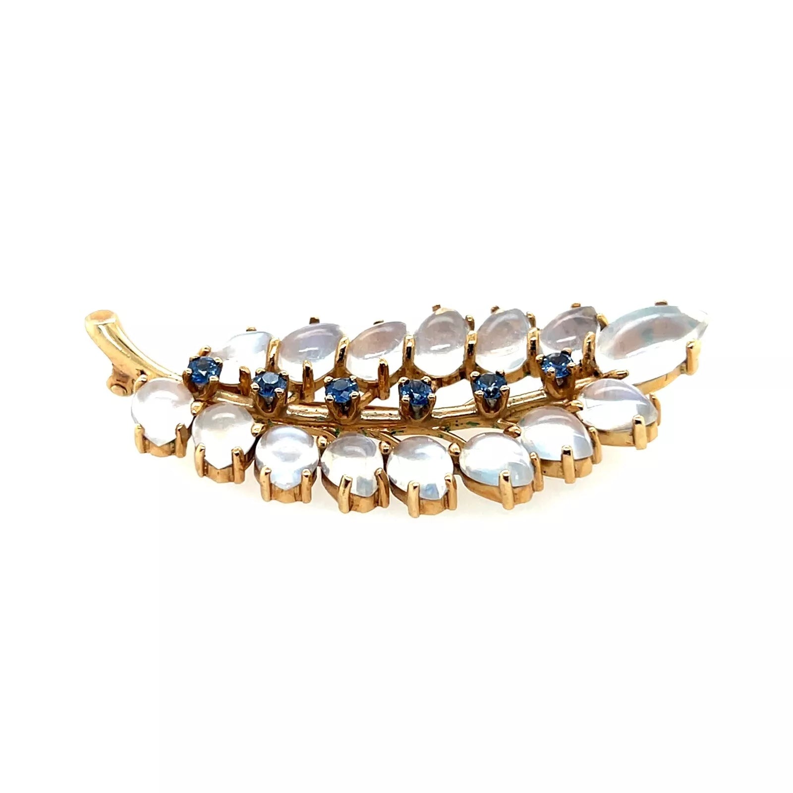 Retro Gold Sapphire and Rare Blue Cabochon Moonstone Leaf Shaped Pin Brooch 1970