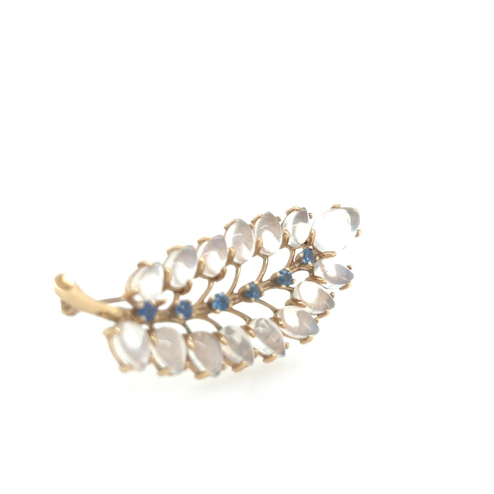 Retro Gold Sapphire and Rare Blue Cabochon Moonstone Leaf Shaped Pin Brooch 1970
