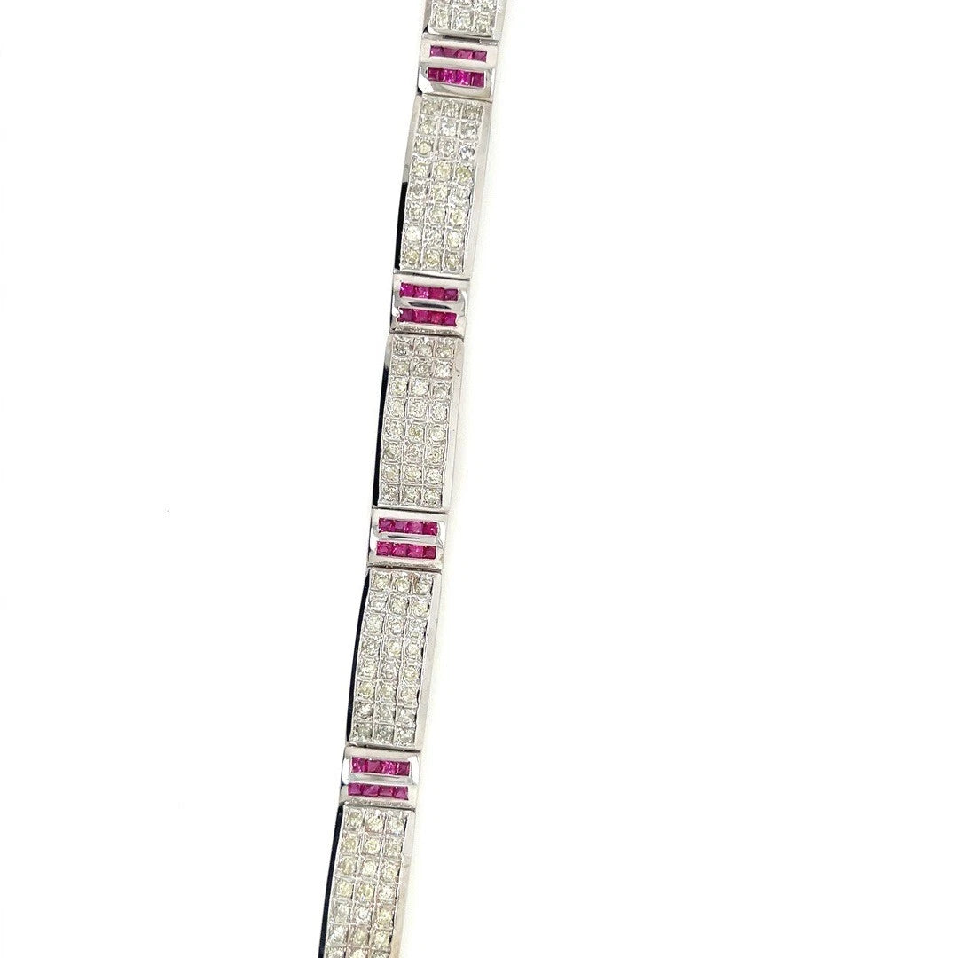 Modern 14k White Gold 10 Carat Natural Diamond and Ruby 8.5 Inch Long Bracelet