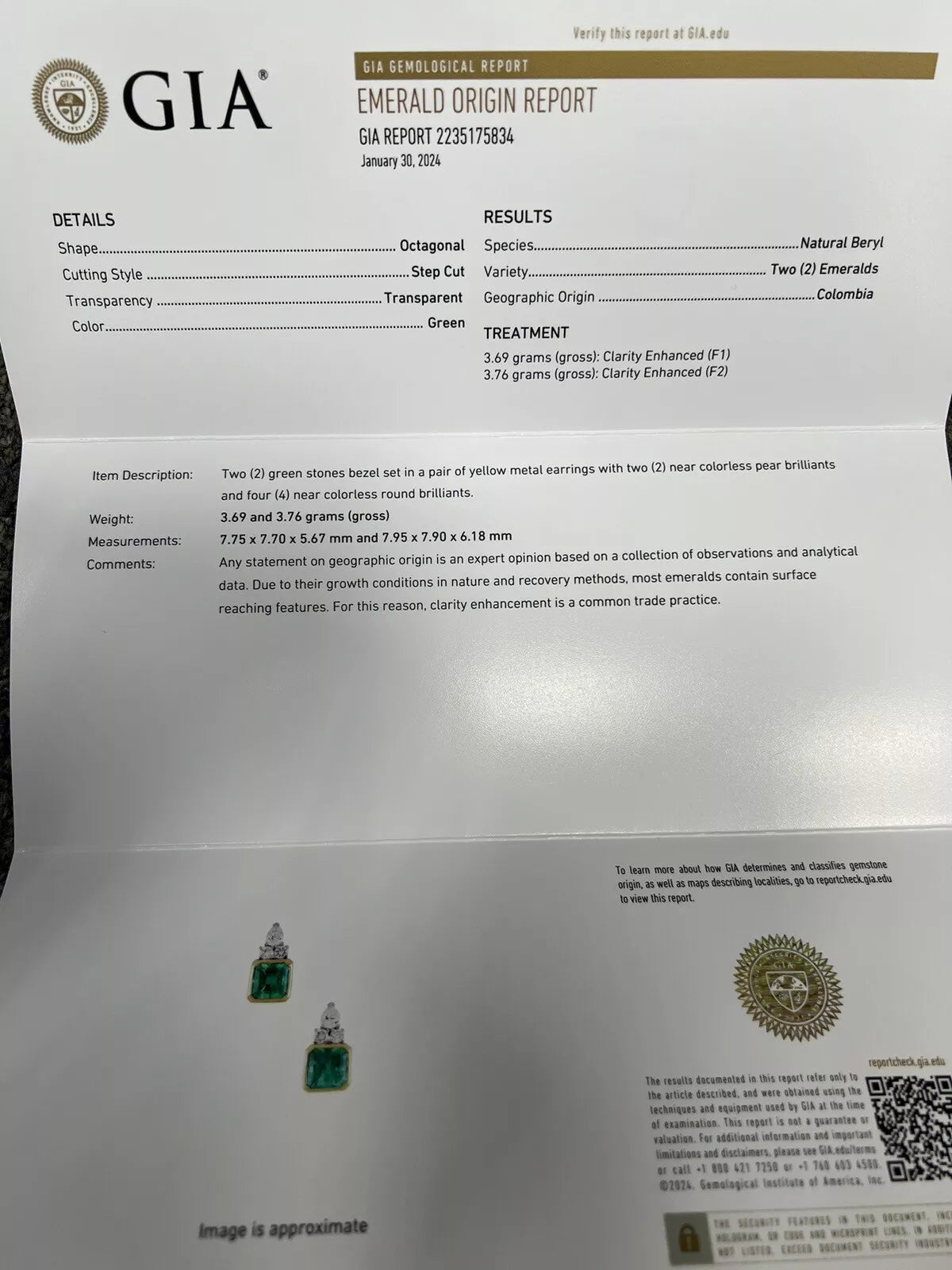 Retro Gold 7.25 Carats GIA Certified Natural Colombian Emerald Diamond Earrings
