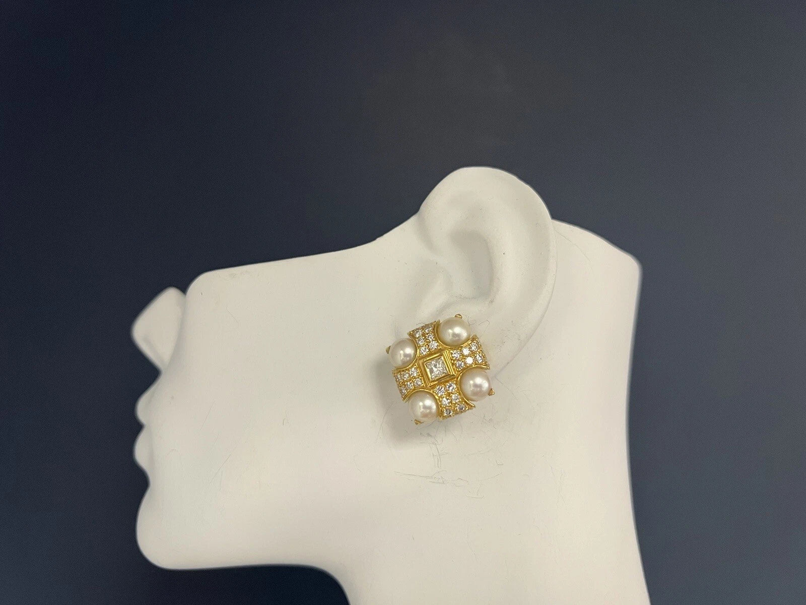 Retro Gold 3 Carat Natural Colorless Diamond and Akoya Pearl Earrings Circa 1980