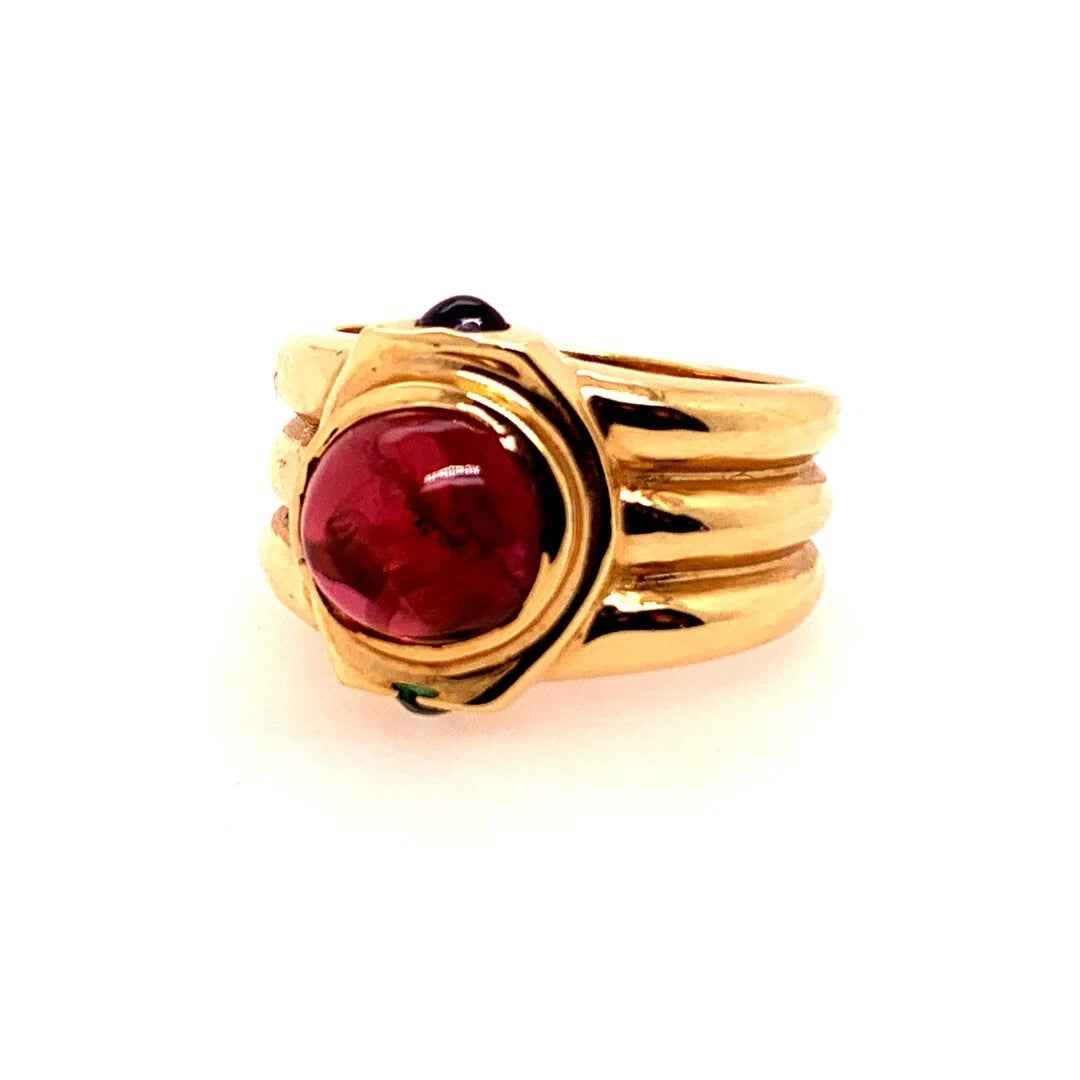Retro Gold Cabochon Cocktail Ring Natural Tourmaline Emerald Sapphire Circa 1960