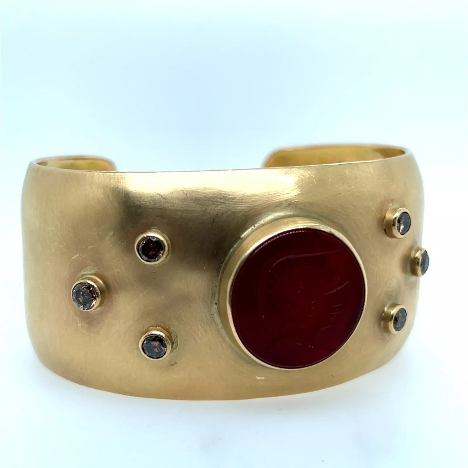 Retro Gold One Carat Natural Brown Diamond Roman Carnelian Intaglio Bangle Cuff