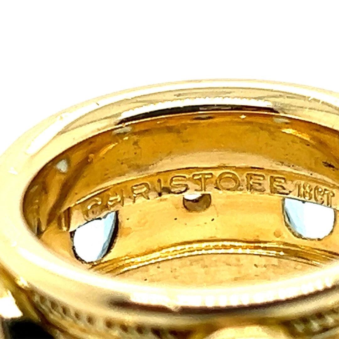 Retro Gold Signed Christoff Natural Swiss Blue Topaz Diamond Cocktail Band Ring