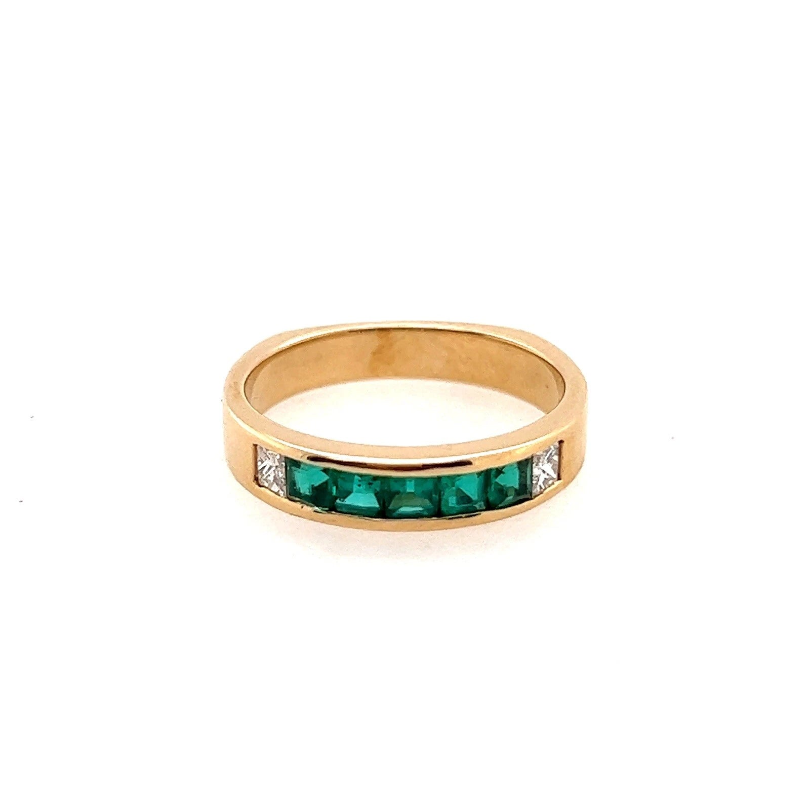 Retro Gold 1.3 Carat Natural Green Emerald and Colorless Diamond Band Circa 1980