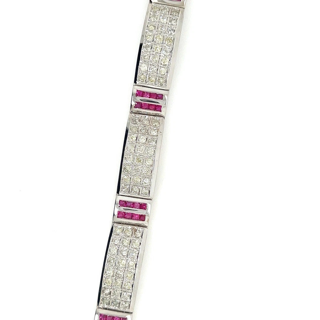 Modern 14k White Gold 10 Carat Natural Diamond and Ruby 8.5 Inch Long Bracelet