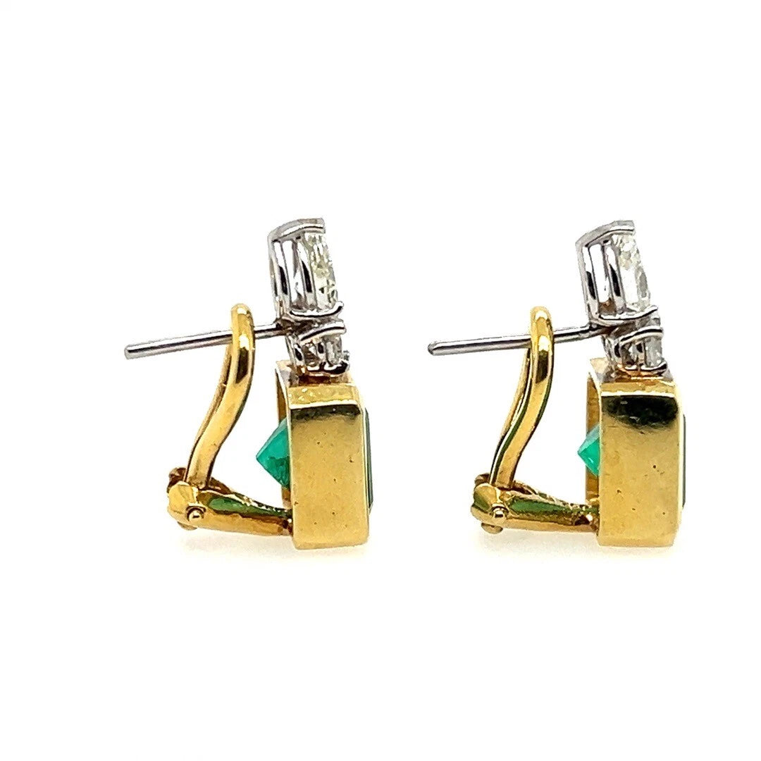 Retro Gold 7.25 Carats GIA Certified Natural Colombian Emerald Diamond Earrings