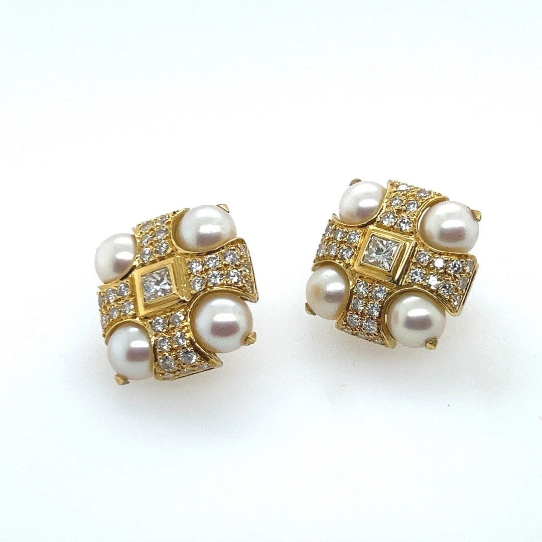 Retro Gold 3 Carat Natural Colorless Diamond and Akoya Pearl Earrings Circa 1980