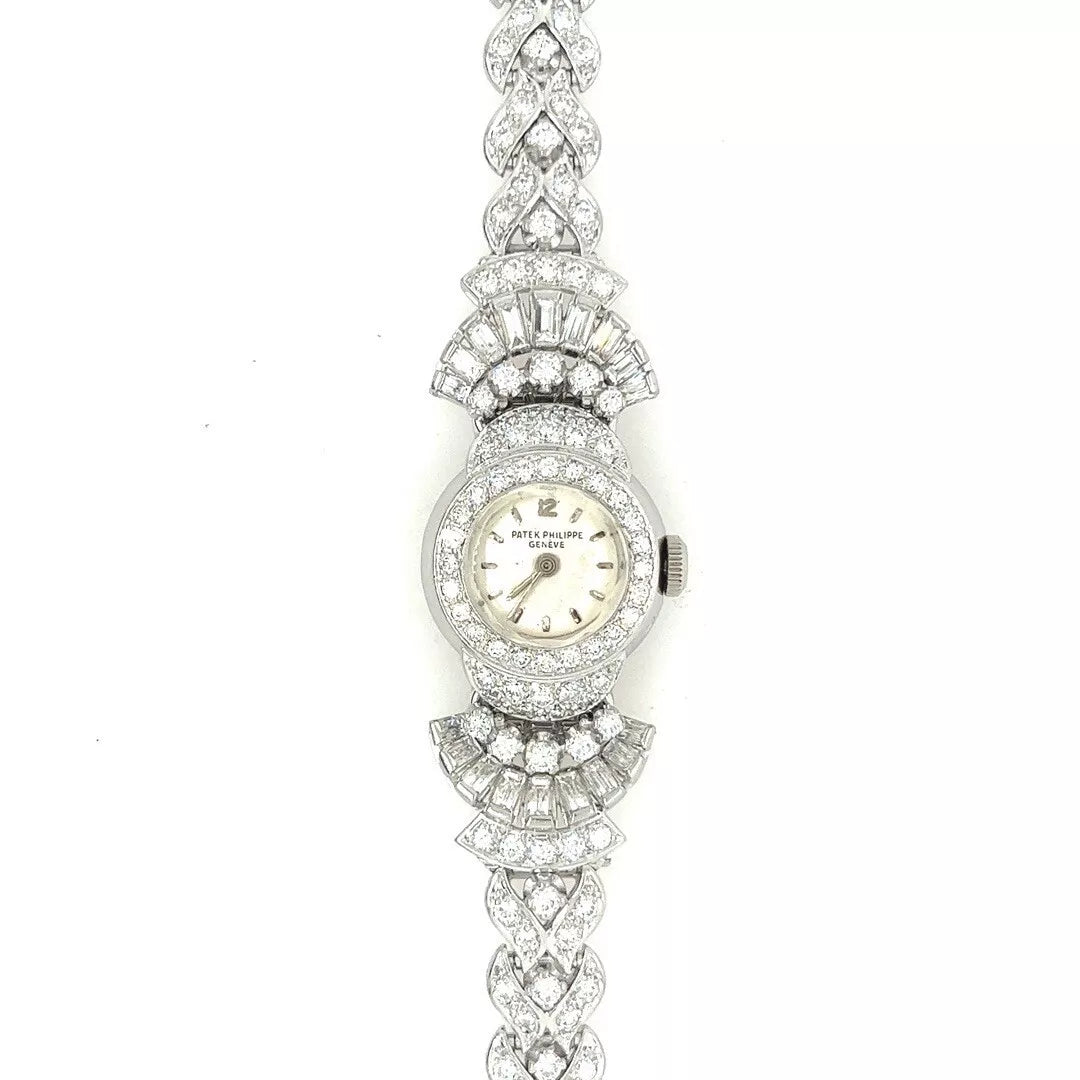 Retro Ladies Platinum Patek Philippe 11 Carat Diamond Watch & Brooche Circa 1950