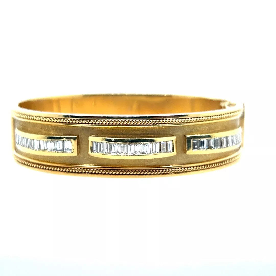 Retro Gold 2.50 Carat Natural Colorless Baguette Diamond Bangle Circa 1970