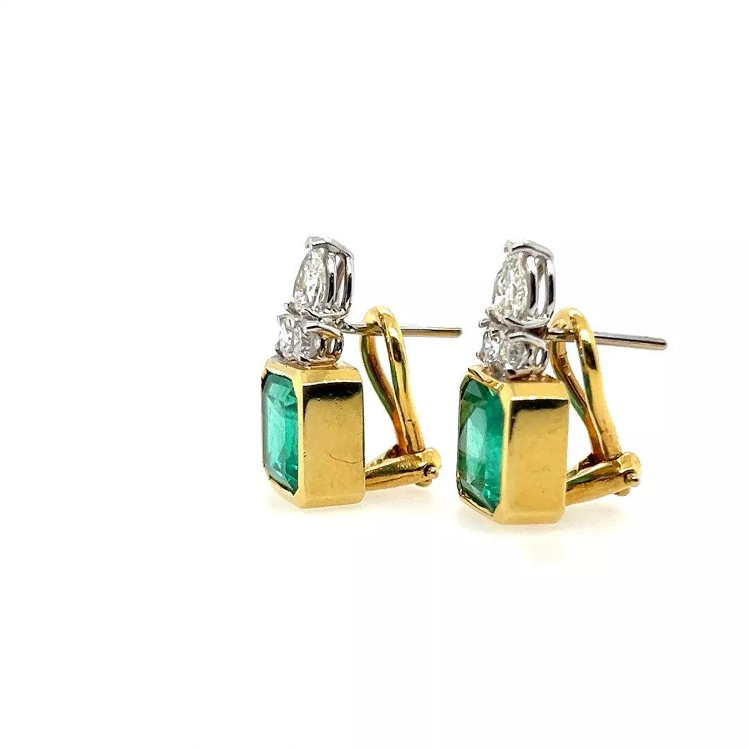 Retro Gold 7.25 Carats GIA Certified Natural Colombian Emerald Diamond Earrings