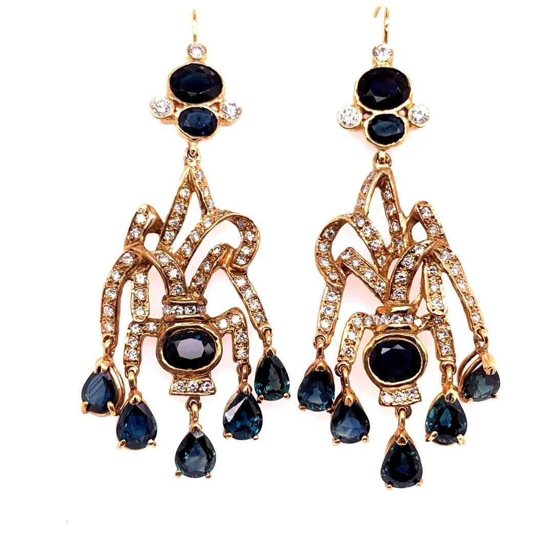 Retro Gold Earrings 30 Carat Natural Deep Blue Sapphire & Diamond Circa 1950