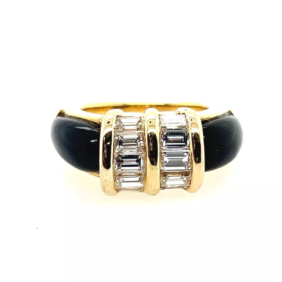 Retro Gold 2.50 Carat Natural Baguette Diamond & Onyx Cocktail Ring Circa 1960