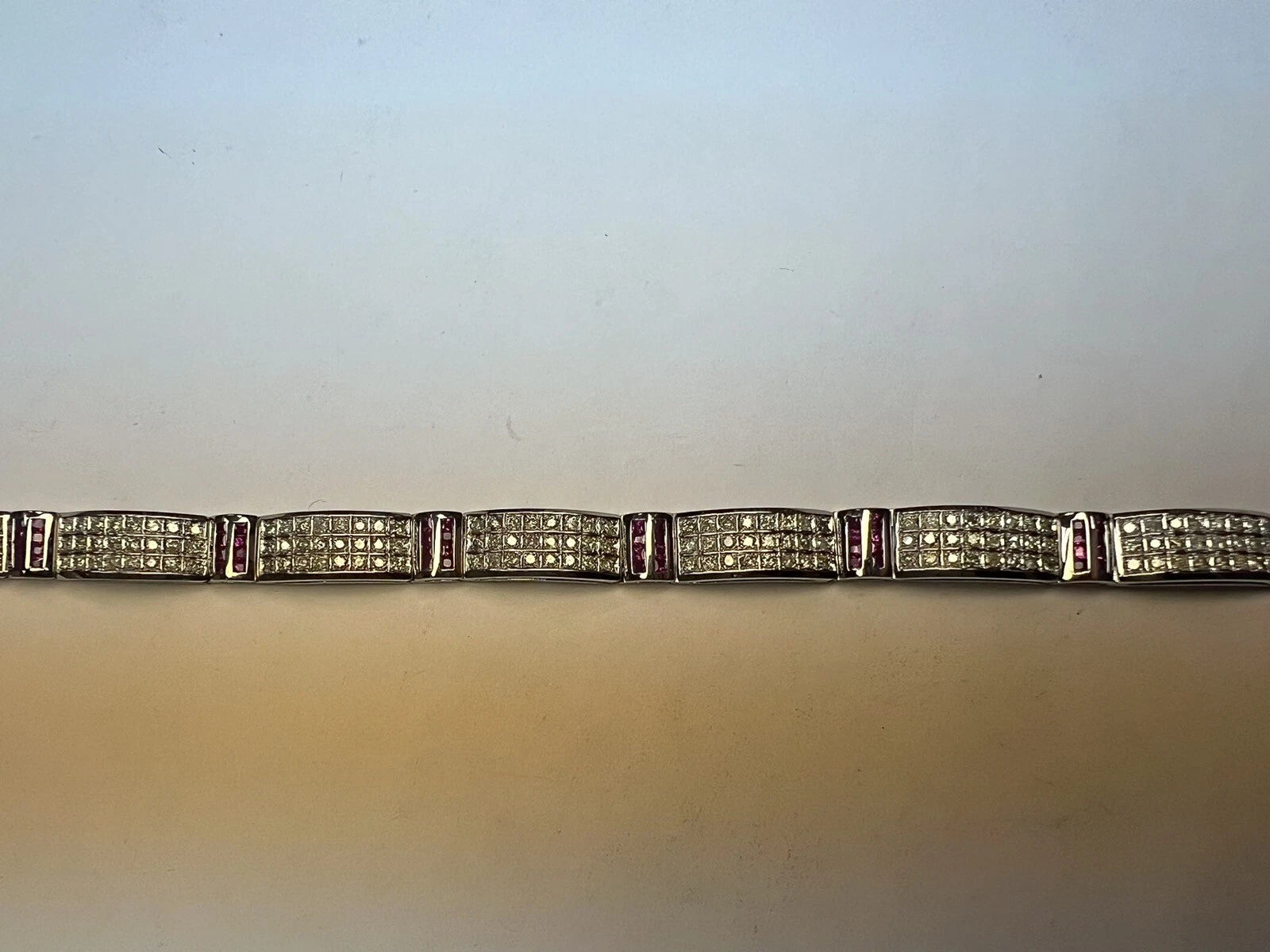 Modern 14k White Gold 10 Carat Natural Diamond and Ruby 8.5 Inch Long Bracelet