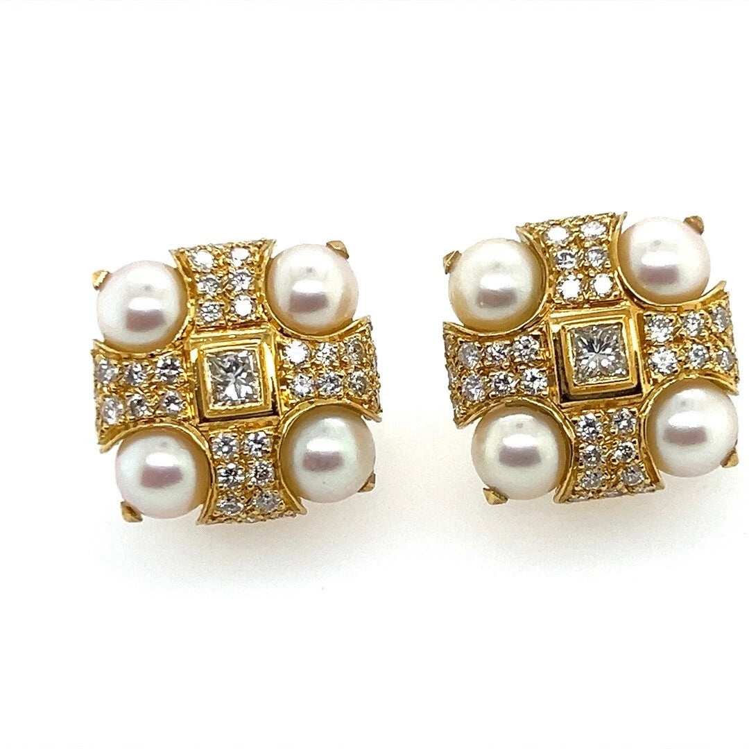 Retro Gold 3 Carat Natural Colorless Diamond and Akoya Pearl Earrings Circa 1980