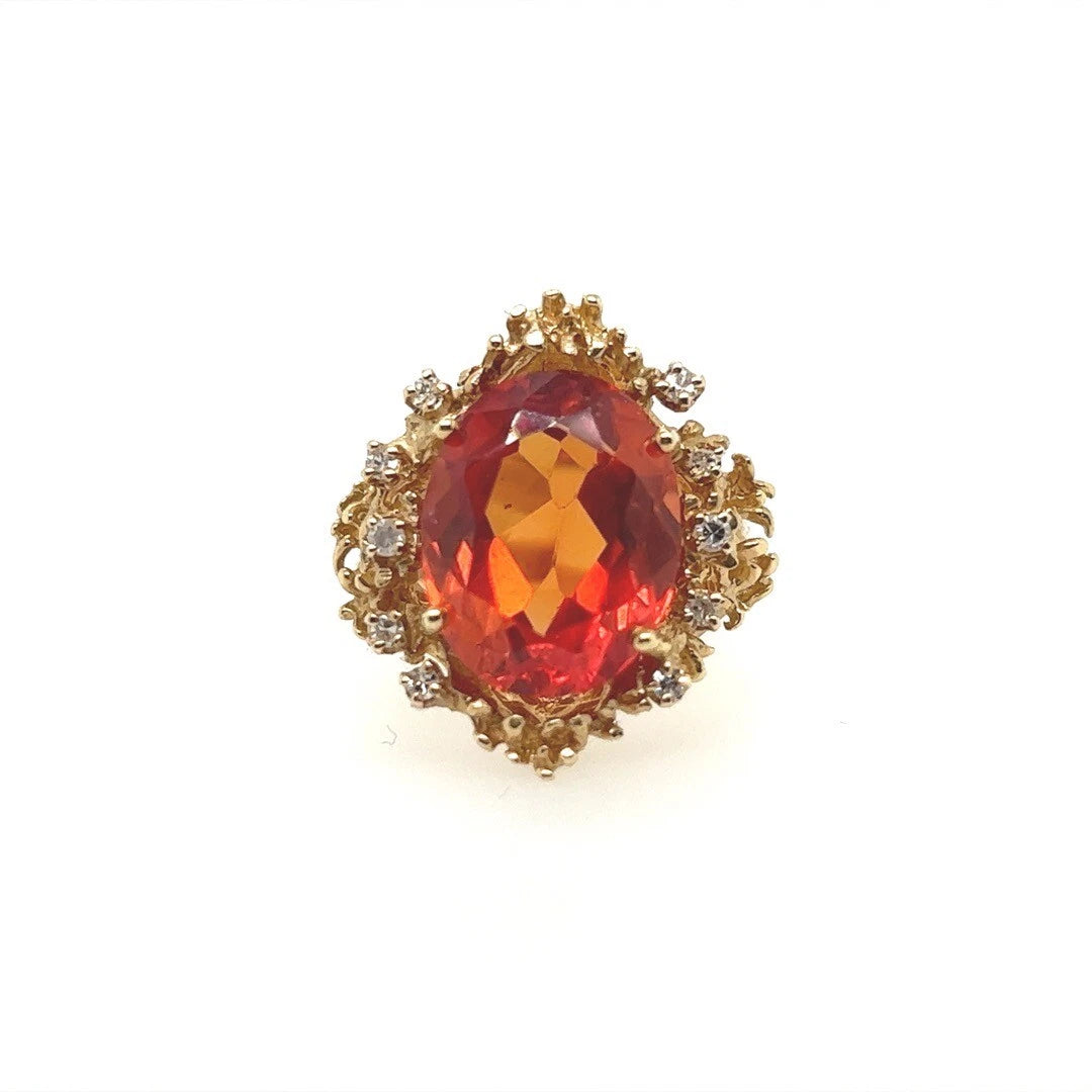 Retro Gold Oval Syn Padparadscha-LIKE Sapphire & Natural Diamond Cocktail Ring