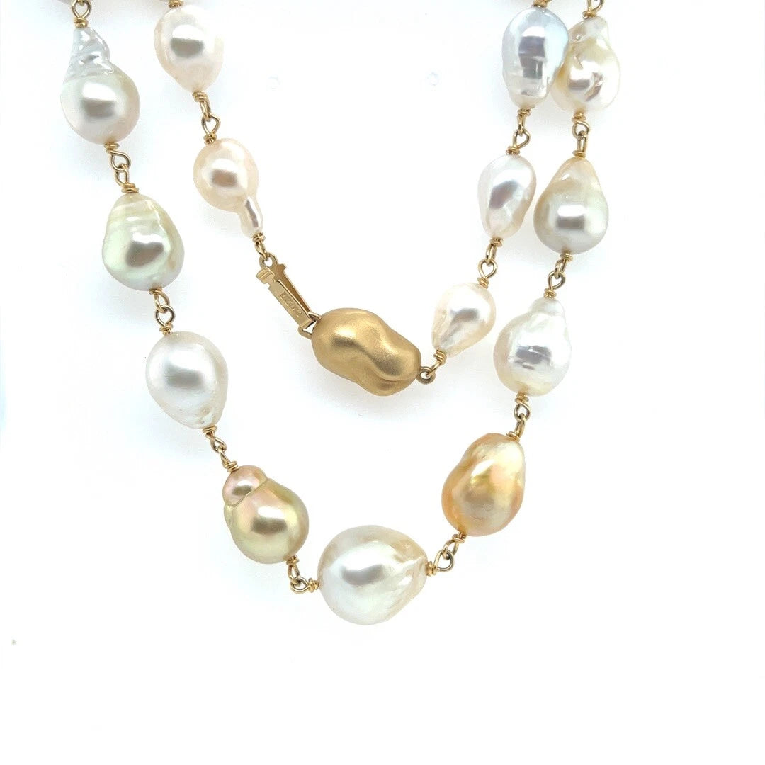 JKa Australian South Sea Multi-Color 9-14mm Baroque Pearl 27 Inch Gold Necklace