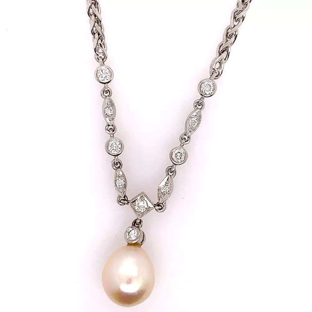 Rare Estate Vintage 14k 22g Gold 0.50ct Diamond Pearl Antique Necklace Gem Stone