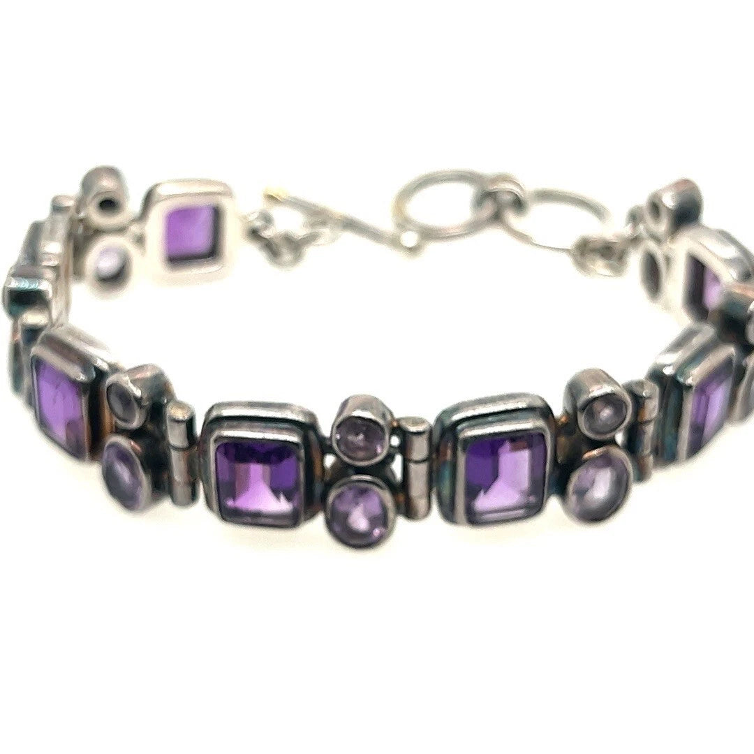 Retro Silver 925 Purple Oval & Emerald Cut Natural Amethyst Bracelet Circa 1960