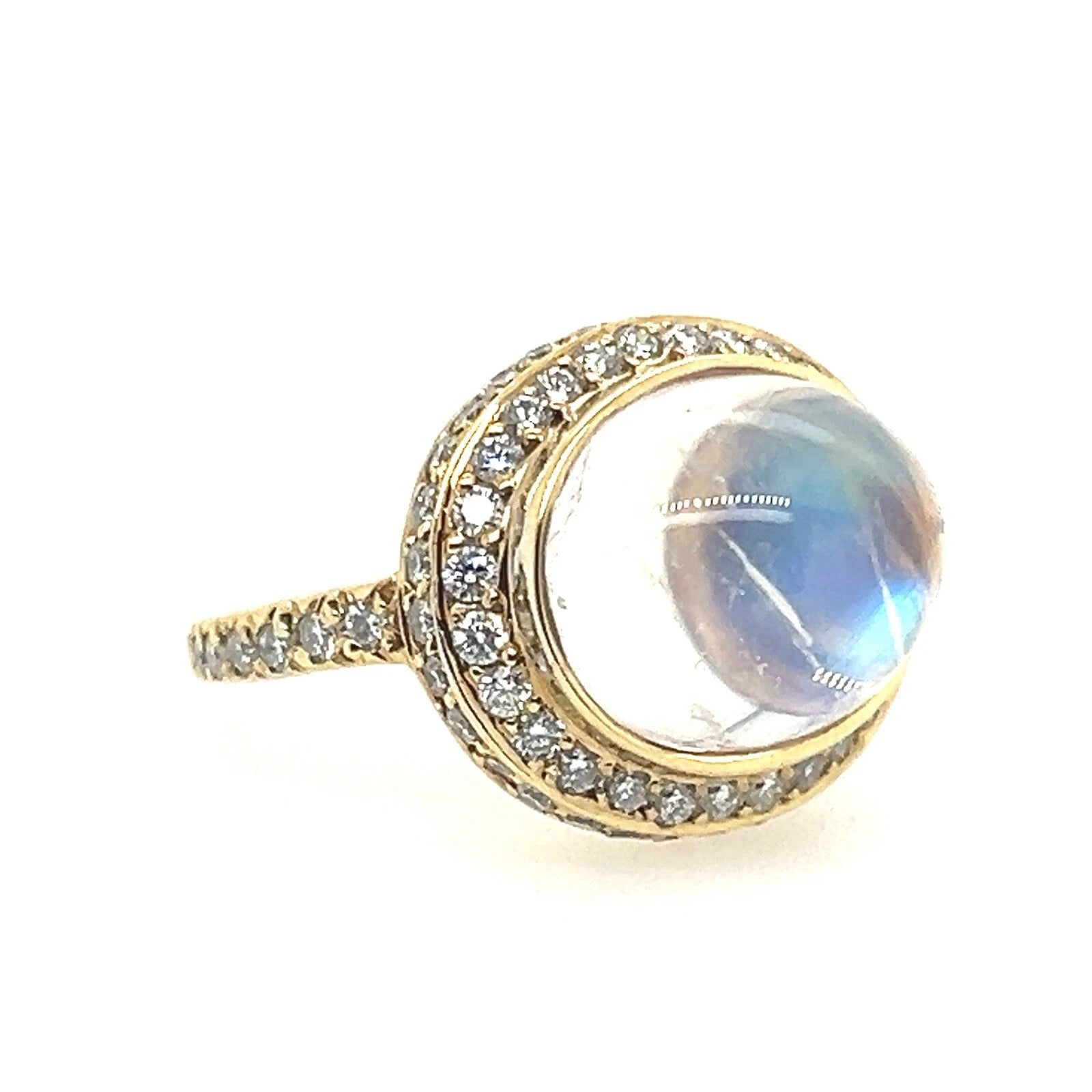 Modern Gold 7.25 Carat Natural Blue Moonstone & Colorless Diamond Cocktail Ring