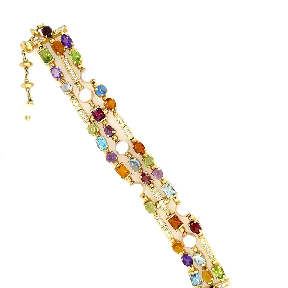 Modern Gold Natural Diamond and Multi Color Cabochon Gem Three Strand Bracelet