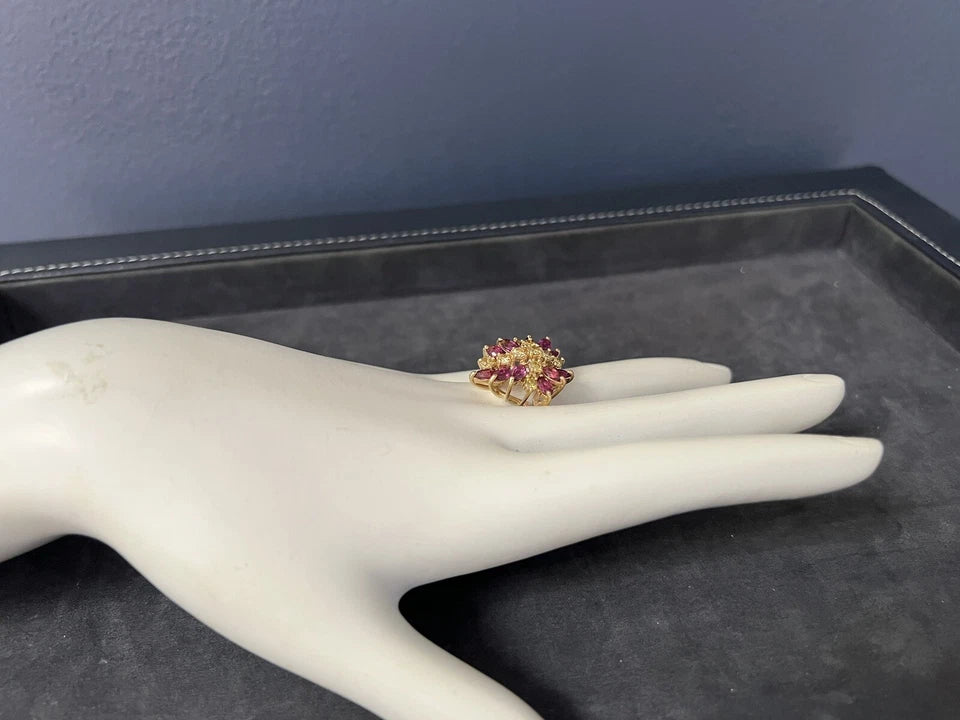Retro Gold 2.45 Carat Natural Yellow Diamond & Red Ruby Cocktail Ring Circa 1950
