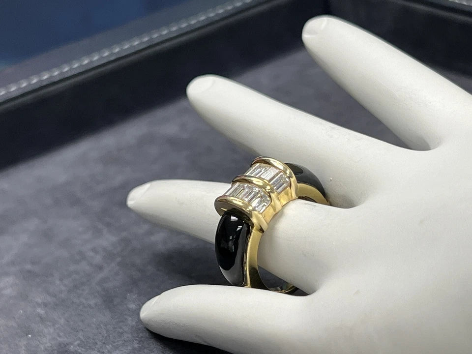 Retro Gold 2.50 Carat Natural Baguette Diamond & Onyx Cocktail Ring Circa 1960