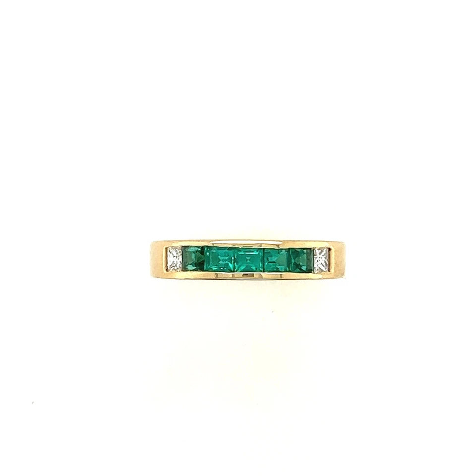 Retro Gold 1.3 Carat Natural Green Emerald and Colorless Diamond Band Circa 1980