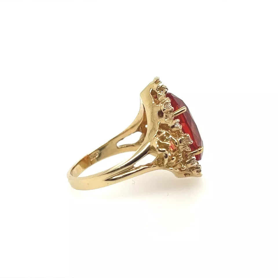 Retro Gold Oval Syn Padparadscha-LIKE Sapphire & Natural Diamond Cocktail Ring