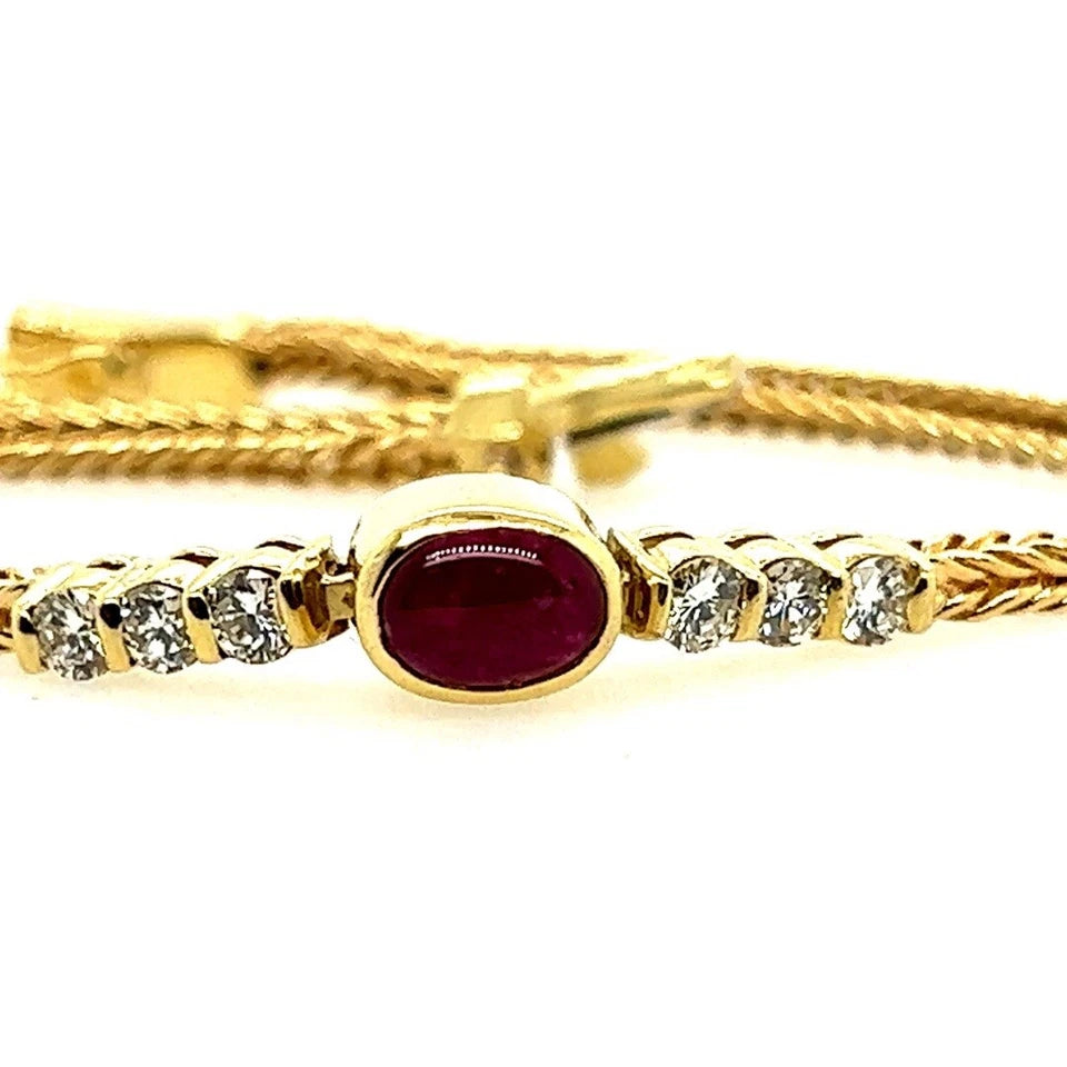 Retro Gold 1 Carat Natural Diamond and Red Ruby Cabochon Bracelet Circa 1970