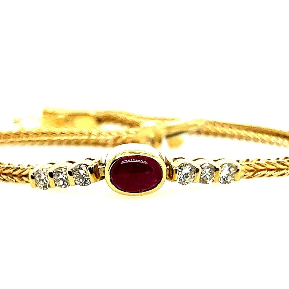 Retro Gold 1 Carat Natural Diamond and Red Ruby Cabochon Bracelet Circa 1970