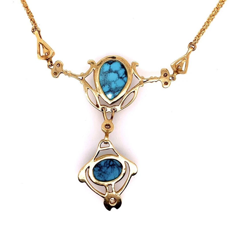Retro Gold Natural Turquoise Gem & 0.65 Carat Round Diamond Necklace Circa 1950