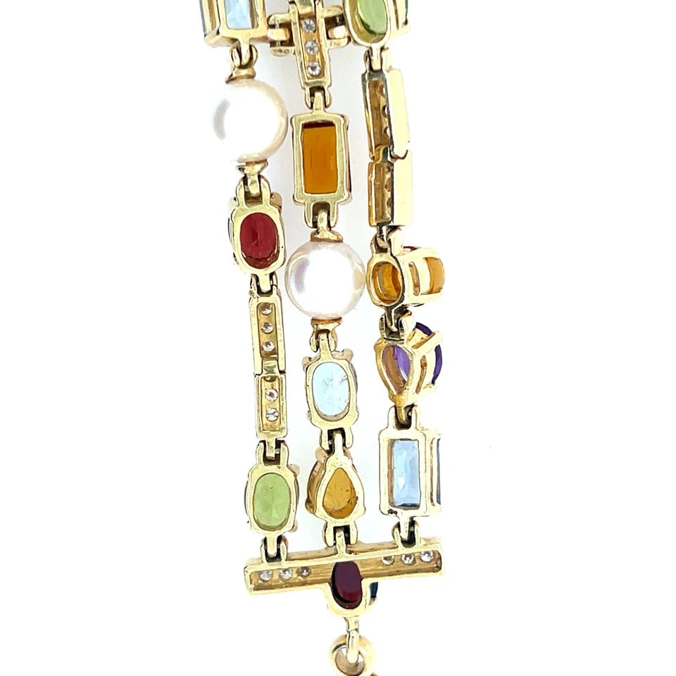 Modern Gold Natural Diamond and Multi Color Cabochon Gem Three Strand Bracelet