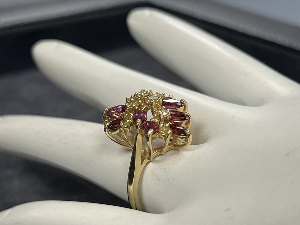 Retro Gold 2.45 Carat Natural Yellow Diamond & Red Ruby Cocktail Ring Circa 1950