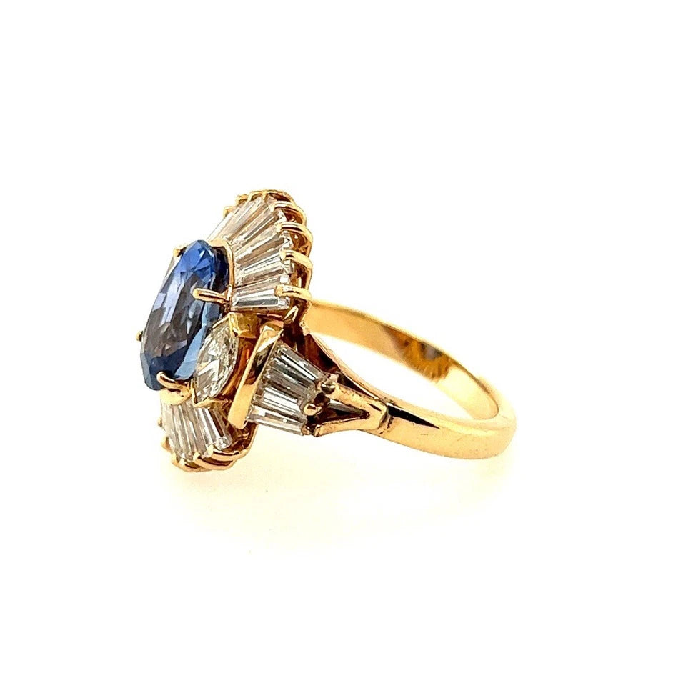 Retro Gold 6.77 Carat Certified Natural Blue Sapphire Diamond Cocktail Ring 1960